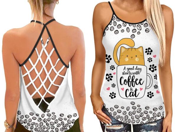 A Good Day Starts With Coffee And Cat Open Back Camisole Tank Top – Fitness Shirt For Women – Exercise Shirt
