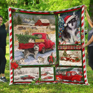 Alaskan Malamute Red Truck Christmas Quilt Blanket Single, Home Decor Bedding Couch