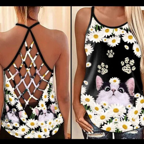 Amazing Lovely Cat Kitten Dairy Flower Criss Cross Tank Top – Women Hollow Camisole – Gift For Cat Lover