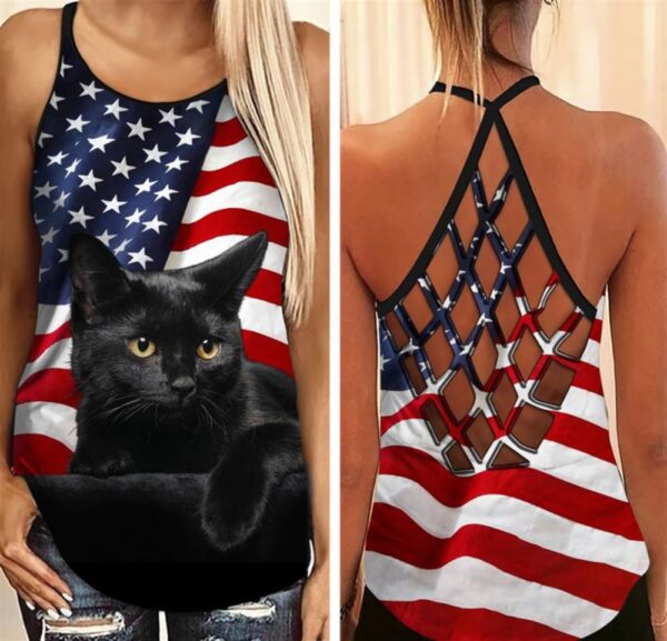 American Flag Black Cat Criss Cross Tank Top – Women Hollow Camisole – Gift For Cat Lover