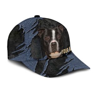 American Staffordshire Terrier Jean Background Custom Name Cap Classic Baseball Cap All Over Print Gift For Dog Lovers 2 yonpgv
