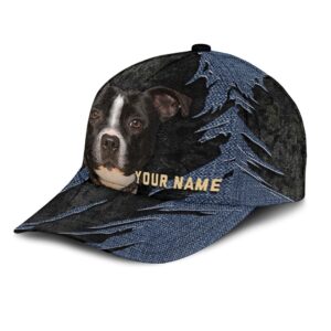 American Staffordshire Terrier Jean Background Custom Name Cap Classic Baseball Cap All Over Print Gift For Dog Lovers 3 x2nrua