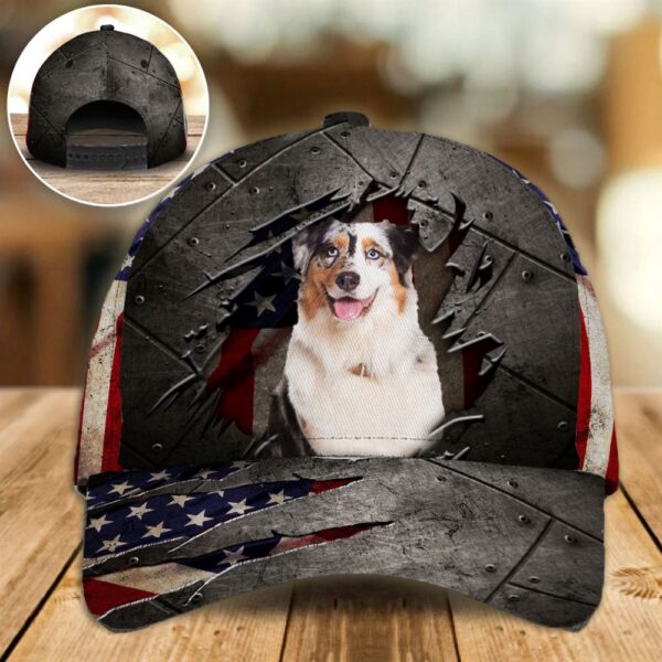 Australian Shepherd On The American Flag Cap Custom Photo – Hats For Walking With Pets – Gifts Dog Caps For Friends