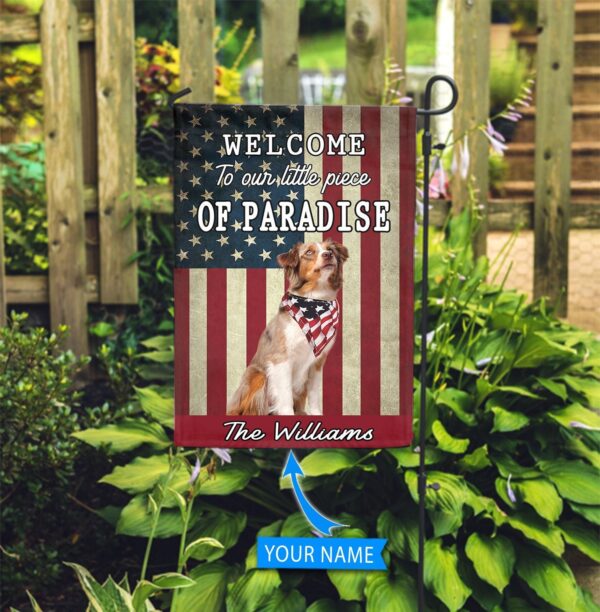 Australian Shepherd  Welcome To Our Paradise Personalized Flag – Garden Dog Flag – Personalized Dog Garden Flags