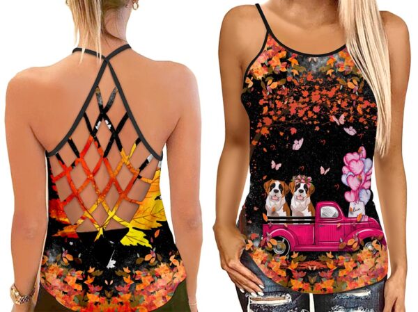 Autumn October Pink Car Dogs In Fall Criss Cross Open Back Tank Top – Workout Shirts – Gift For Dog Lovers