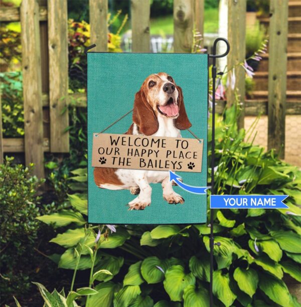 Basset Hound-Welcome To Our Happy Place Personalized Flag – Garden Dog Flag – Dog Flag For House