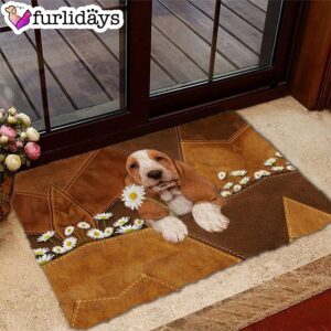 Basset Hound Holding Daisy Doormat Xmas Welcome Mats Gift For Dog Lovers 2