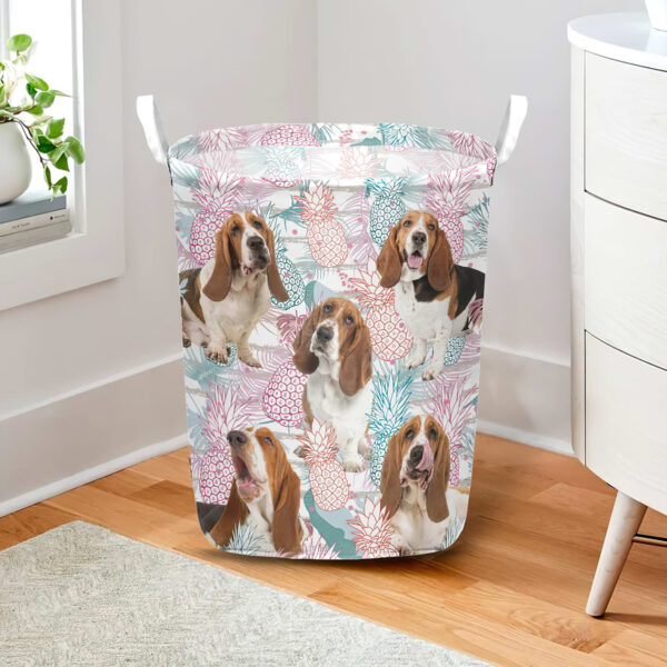 Basset Hound In Summer Tropical With Leaf Seamless Laundry Basket – Dog Laundry Basket – Mother Gift
