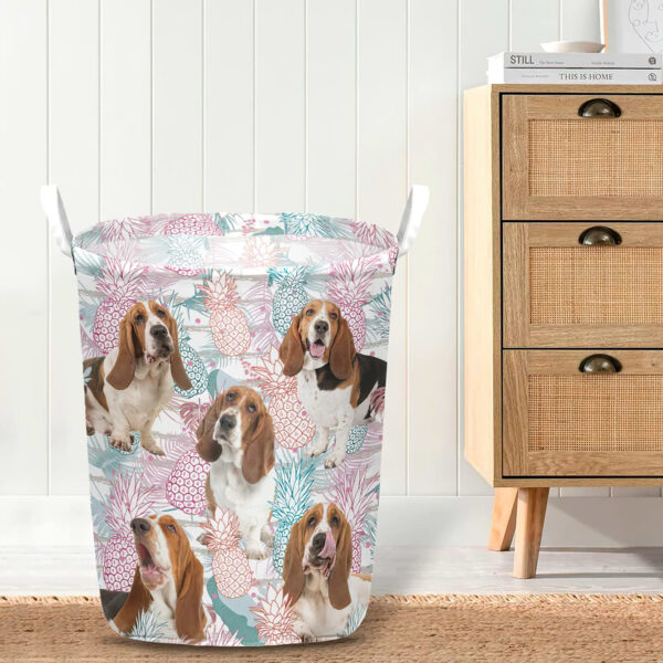 Basset Hound In Summer Tropical With Leaf Seamless Laundry Basket – Dog Laundry Basket – Mother Gift