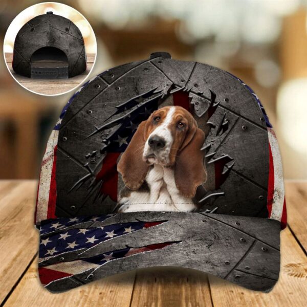 Basset Hound On The American Flag Cap Custom Photo – Hats For Walking With Pets – Gifts Dog Caps For Friends