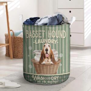 Basset Hound Wash And Dry In Green Stripe Pattern Laundry Basket Dog Laundry Basket Mother Gift 1