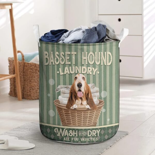 Basset Hound Wash And Dry In Green Stripe Pattern Laundry Basket – Dog Laundry Basket – Mother Gift
