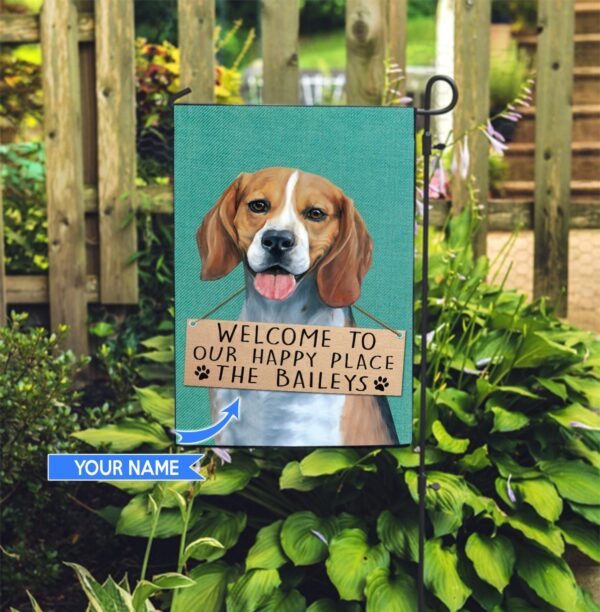 Beagle-Welcome To Our Happy Place Personalized Flag – Garden Dog Flag – Dog Flag For House