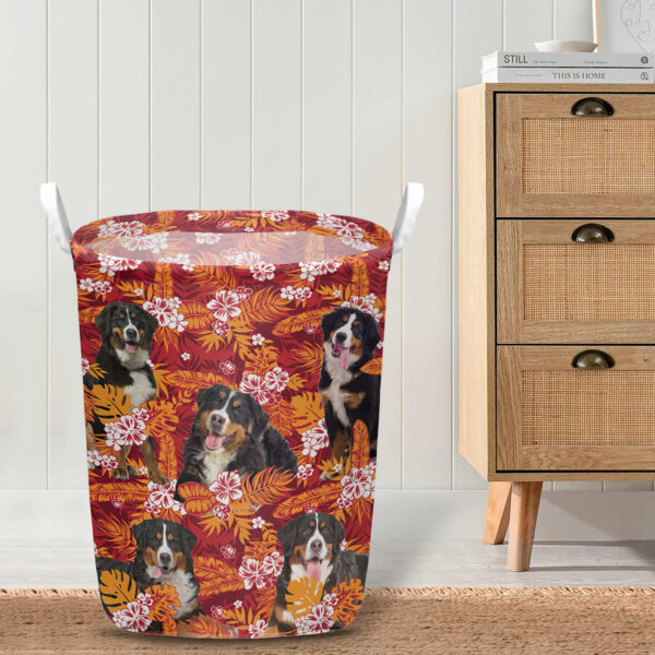 Bernese Mountain In Seamless Tropical Floral With Palm Leaves Laundry Basket – Dog Laundry Basket – Mother Gift