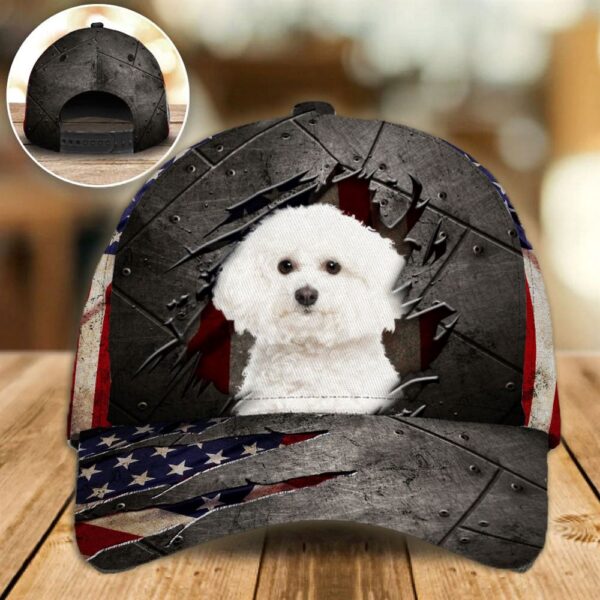 Bichon Frise On The American Flag Cap Custom Photo – Hats For Walking With Pets – Gifts Dog Hats For Relatives