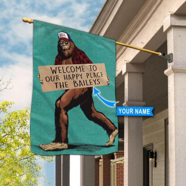 Bigfoot Welcome To Our Happy Place Personalized Garden Flag – Garden Flags Outdoor – Outdoor Decoration
