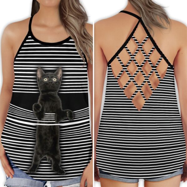 Black Cat Amazing Style Black Stripe Open Back Camisole Tank Top – Fitness Shirt For Women – Exercise Shirt