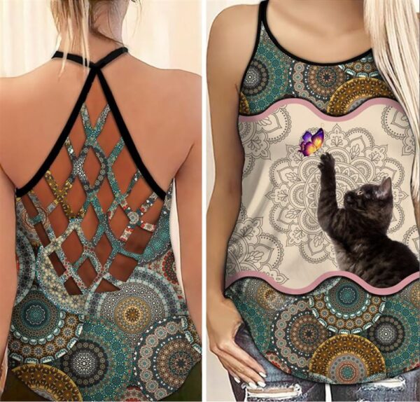 Black Cat And Butterfly Mandala Criss Cross Tank Top – Women Hollow Camisole – Gift For Cat Lover