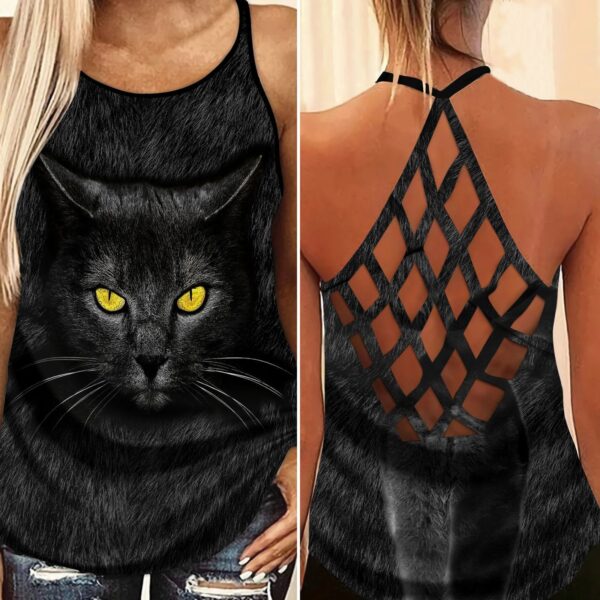 Black Cat And Yellow Eyes Open Back Camisole Tank Top – Fitness Shirt For Women – Exercise Shirt