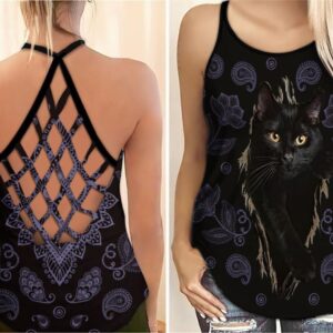 Black Cat Criss Cross Tank Top – Women Hollow Camisole – Gift For Cat Lover