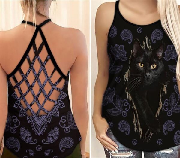 Black Cat Criss Cross Tank Top – Women Hollow Camisole – Gift For Cat Lover