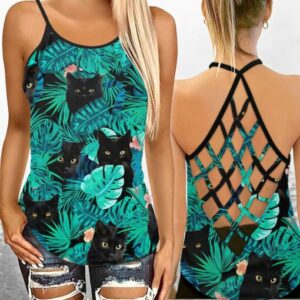 Black Cat Hawaiian Pattern Criss Cross – Women Hollow Camisole – Gift For Cat Lover