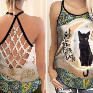 Black Cat I Love You To The Moon And Back Criss Cross Tank Top – Women Hollow Camisole – Gift For Cat Lover