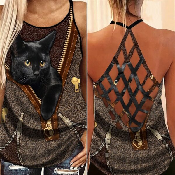 Black Cat In Jacket Open Back Camisole Tank Top – Fitness Shirt For Women – Exercise Shirt
