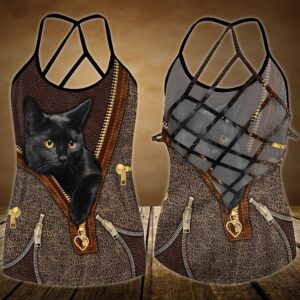 Black Cat In Jacket Open Back Camisole Tank Top Fitness Shirt For Women Exercise Shirt 2 uvy39y