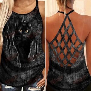 Black Cat In Night Criss Cross Tank Top Camisole Tank Top – Women Hollow Camisole – Gift For Cat Lover