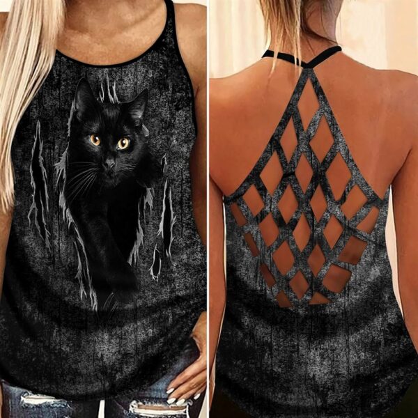 Black Cat In Night Open Back Camisole Tank Top – Fitness Shirt For Women – Exercise Shirt