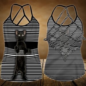 Black Cat In Stripe Open Back Camisole Tank Top Fitness Shirt For Women Exercise Shirt 2 dtvud0