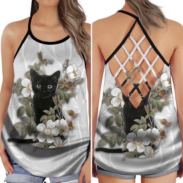 Black Cat In White Flower Love Peaceful Summer Open Back Camisole Tank Top – Fitness Shirt For Women – Exercise Shirt