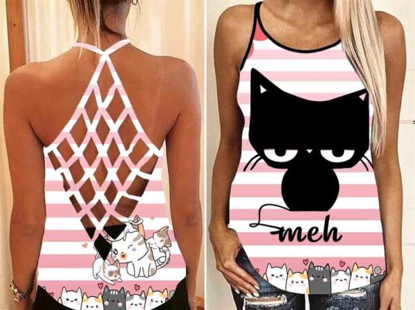 Black Cat Meh Open Back Camisole Tank Top – Fitness Shirt For Women – Exercise Shirt