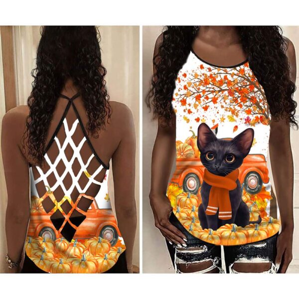 Black Cat Pumpkin Criss Cross Open Back Tank Top – Workout Shirts – Gift For Dog Lovers
