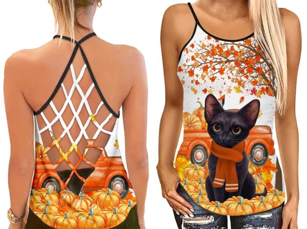 Black Cat Pumpkin Open Back Camisole Tank Top – Fitness Shirt For Women – Exercise Shirt