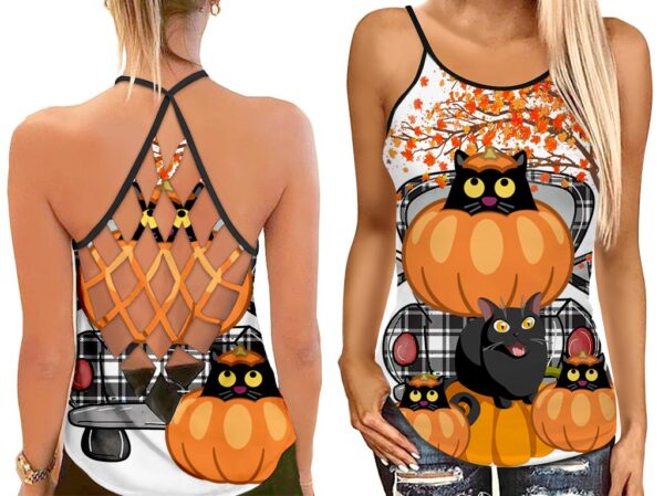 Black Cats Sitting On Pumpkins Open Back Camisole Tank Top – Fitness Shirt For Women – Exercise Shirt