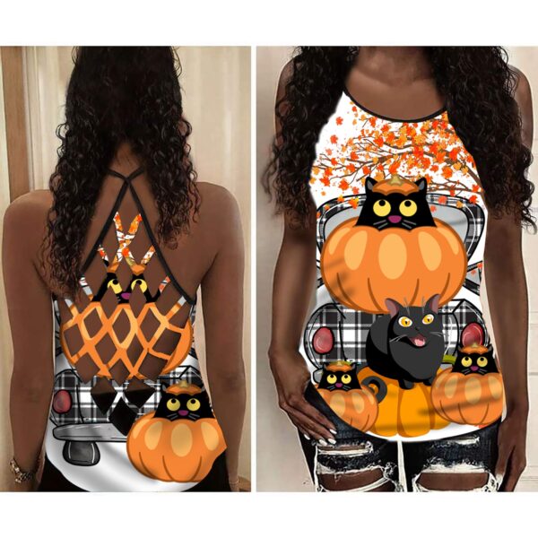 Black Cats Sitting On Pumpkins Open Back Camisole Tank Top – Fitness Shirt For Women – Exercise Shirt