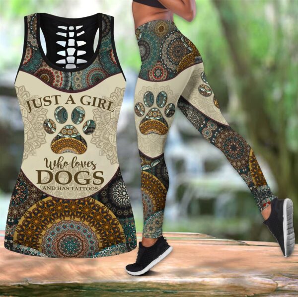 Boho Girl Loves Dogs Tattoos Hollow Tanktop Legging Set Outfit – Casual Workout Sets – Dog Lovers Gifts For Him Or Her