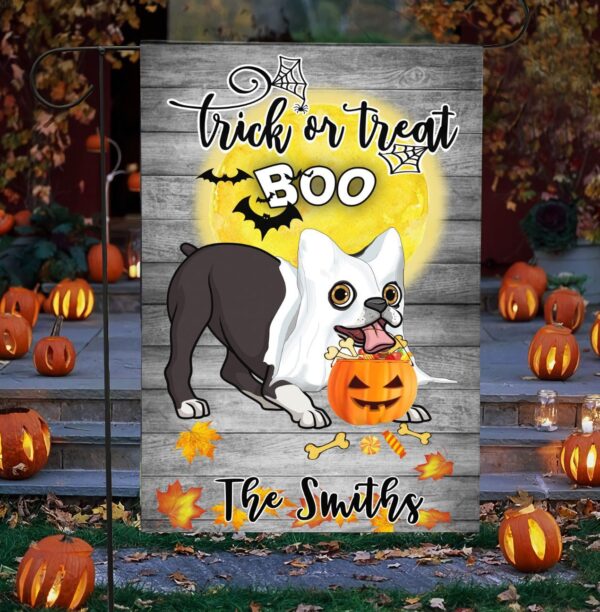 Boo Boston Terrier Trick Or Treat Halloween Personalized Flag – Garden Dog Flag – Dog Flag For House