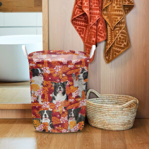 Border Collie In Seamless Tropical Floral With Palm Leaves Laundry Basket Dog Laundry Basket Gift For Dog Lovers 1