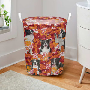 Border Collie In Seamless Tropical Floral With Palm Leaves Laundry Basket Dog Laundry Basket Gift For Dog Lovers 2