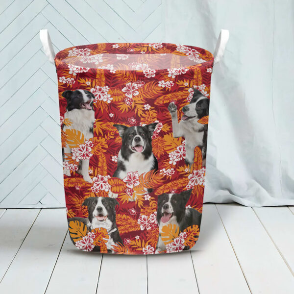 Border Collie In Seamless Tropical Floral With Palm Leaves Laundry Basket – Dog Laundry Basket – Gift For Dog Lovers