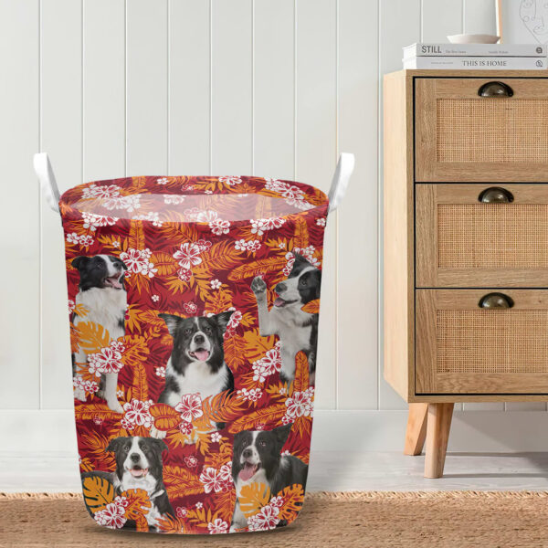 Border Collie In Seamless Tropical Floral With Palm Leaves Laundry Basket – Dog Laundry Basket – Gift For Dog Lovers