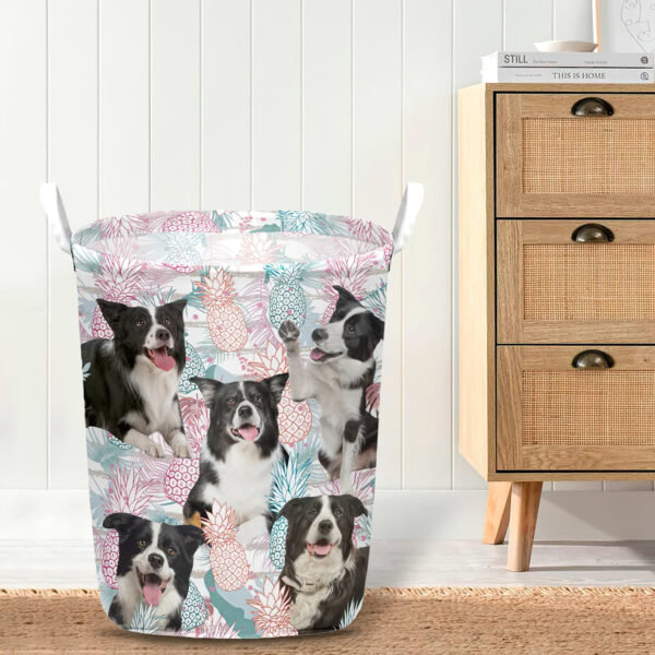 Border Collie In Summer Tropical With Leaf Seamless Laundry Basket – Dog Laundry Basket – Mother Gift – Gift For Dog Lovers