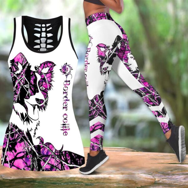 Border Collie Pink Tattoos Hollow Tanktop Legging Set Outfit – Casual Workout Sets – Dog Lovers Gifts For Him Or Her