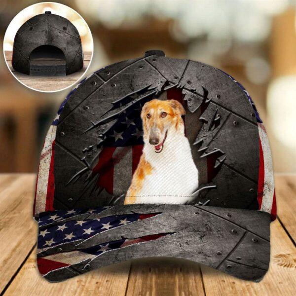Borzoi On The American Flag Cap Custom Photo – Hats For Walking With Pets – Gifts Dog Hats For Relatives