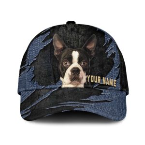 Boston Terrier Jean Background Custom Name Cap Classic Baseball Cap All Over Print Gift For Dog Lovers 1 wothdz