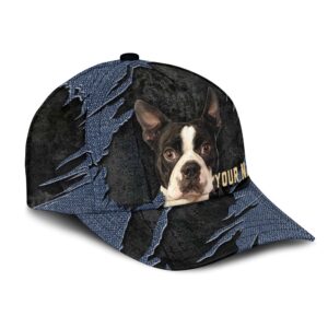 Boston Terrier Jean Background Custom Name Cap Classic Baseball Cap All Over Print Gift For Dog Lovers 2 tf5cuz