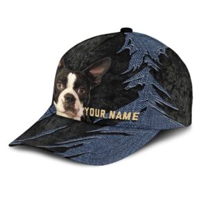 Boston Terrier Jean Background Custom Name Cap Classic Baseball Cap All Over Print Gift For Dog Lovers 3 weopvh